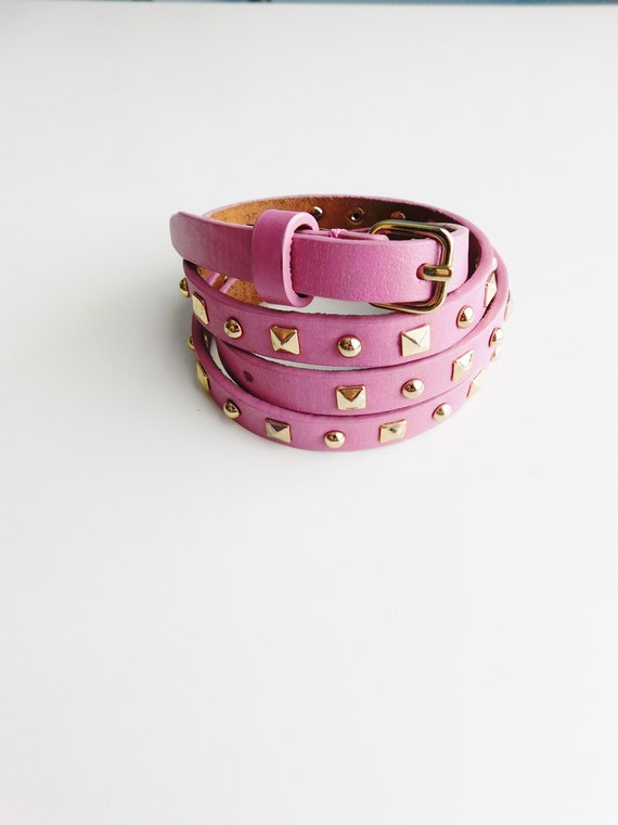 vintage pink studded belt \ thin belt \ pink leath