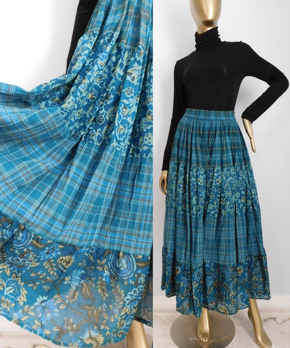 vintage teal plaid skirt \ long full skirt \ blue 
