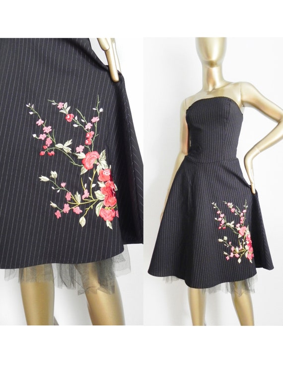 vintage pinstripe party dress \ strapless tulle dr
