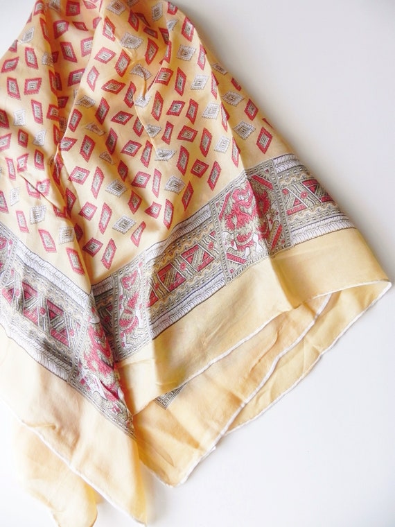 vintage yellow silk scarf \ geometric print squar… - image 1