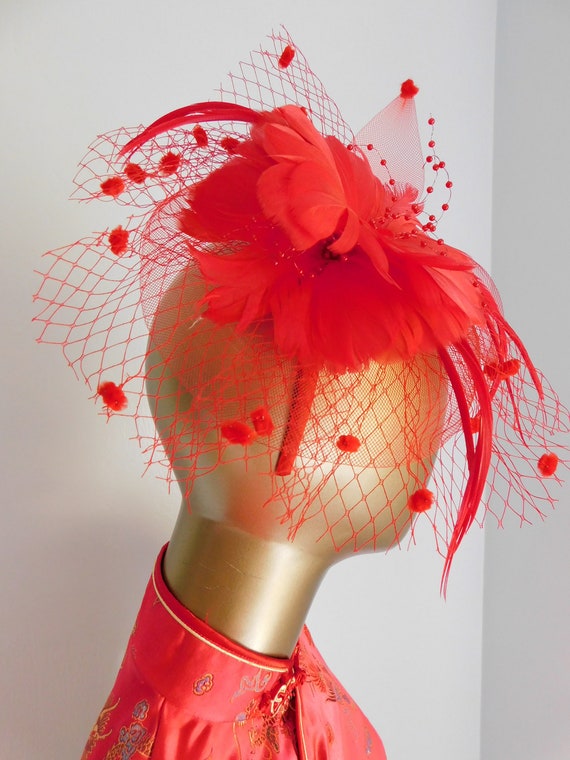 vintage red feather and tulle fascinator \ red he… - image 2