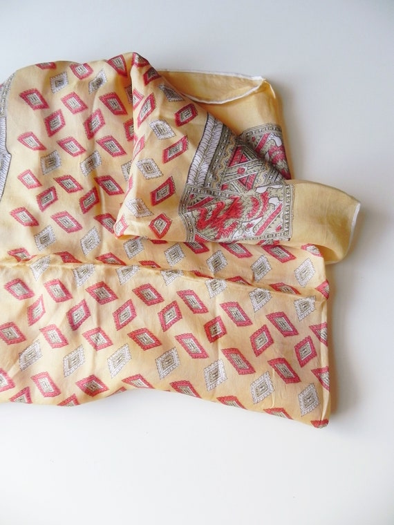 vintage yellow silk scarf \ geometric print squar… - image 2