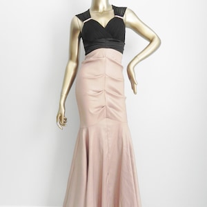 vintage mermaid gown \ black & tan formal dress \ empire waist gathered flare skirt
