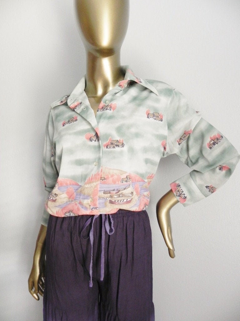 Vintage Pastel Landscape Print Blouse 