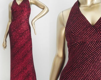 vintage red sparkling gown \ stretchy halter dress \ glittering slip on gown