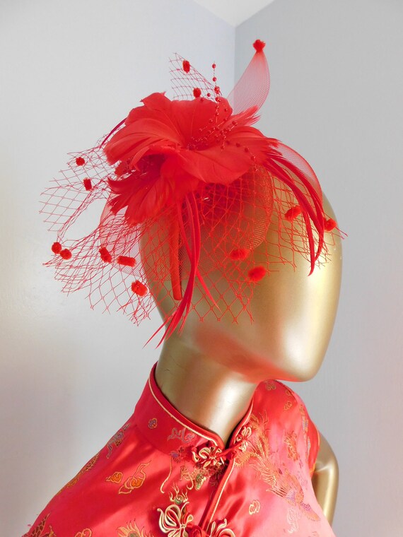 vintage red feather and tulle fascinator \ red he… - image 9