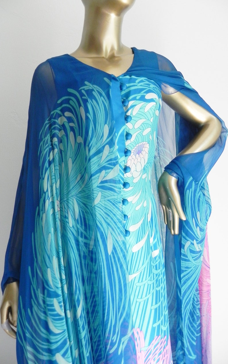 vintage Hanae Mori silk sheath dress chiffon cape gown designer artifact image 10