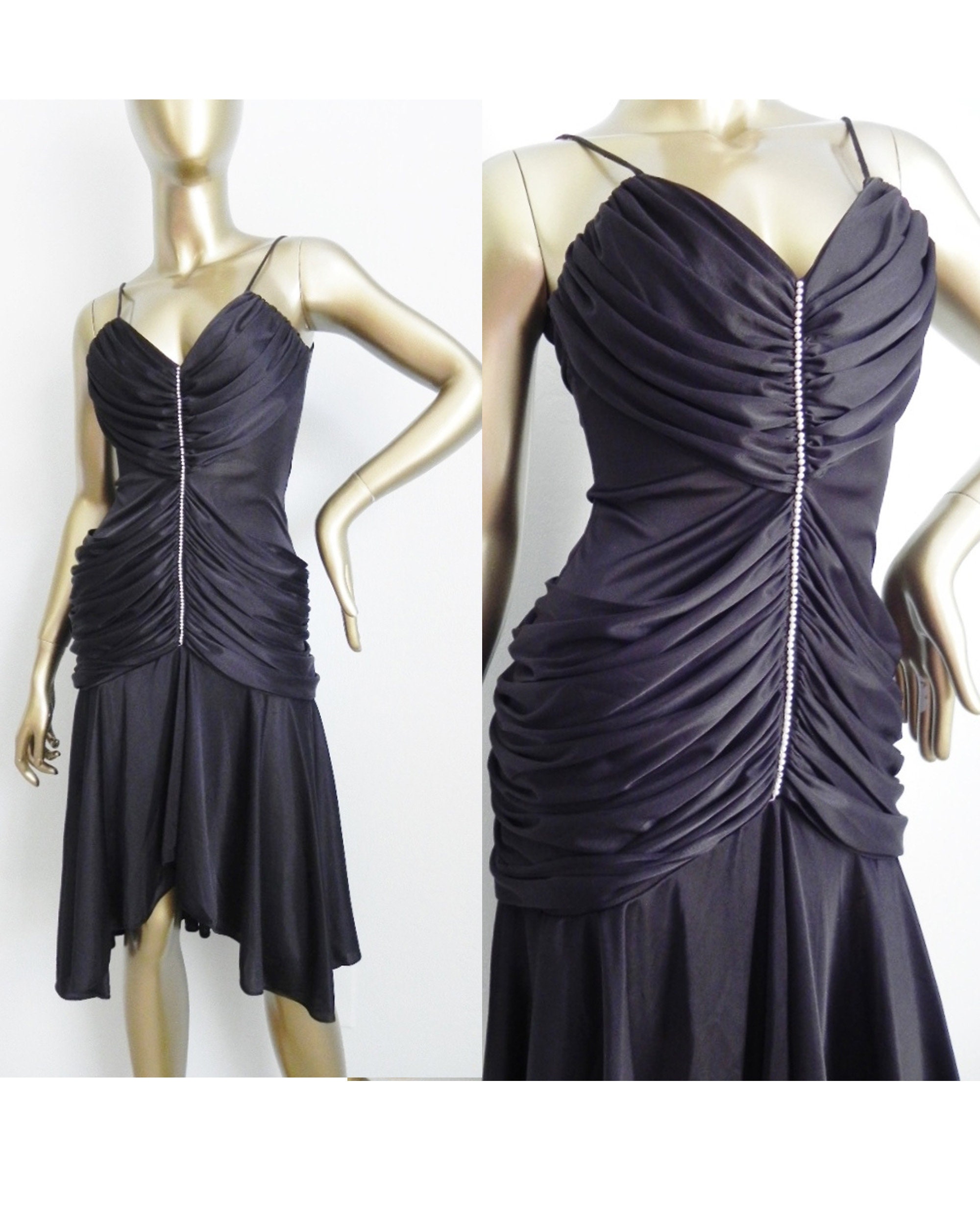 Vintage Black Draped Disco Dress Ruched 