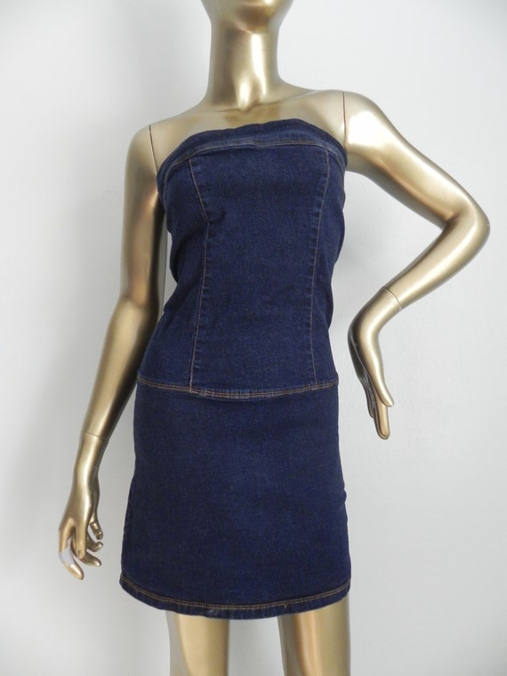 vintage denim tube dress \ stretchy denim \ sleev… - image 3