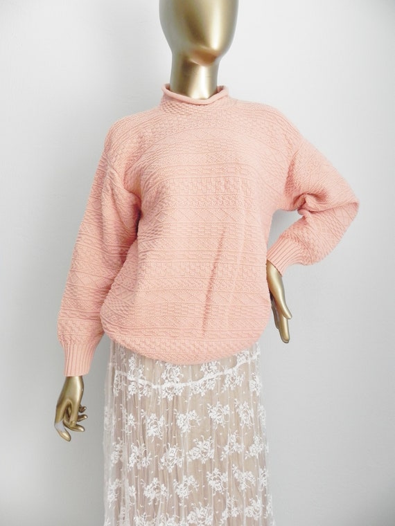 vintage salmon pink ribbed sweater \ peach knit p… - image 2