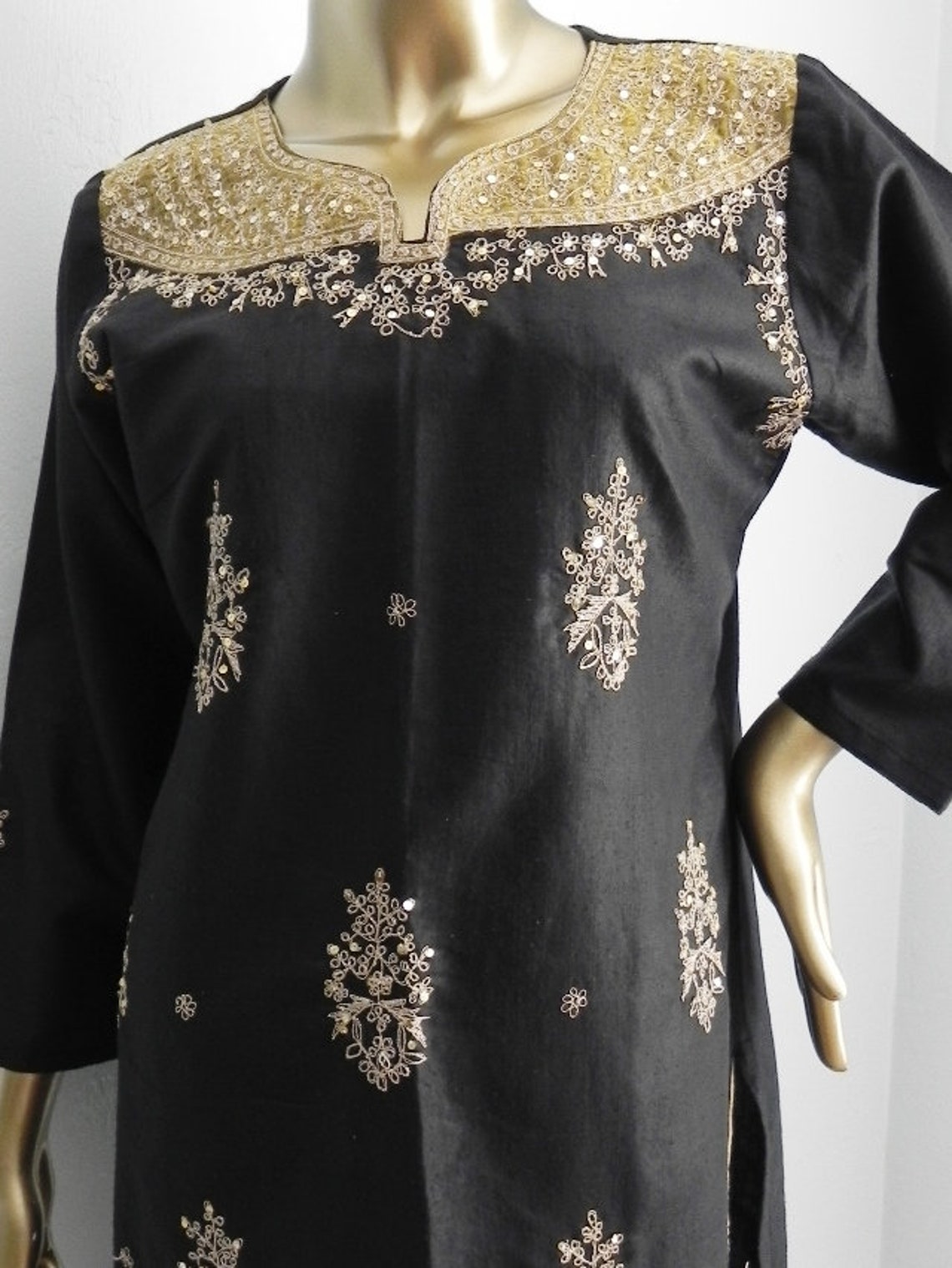 Vintage black and gold embroidered tunic ethnic dress | Etsy