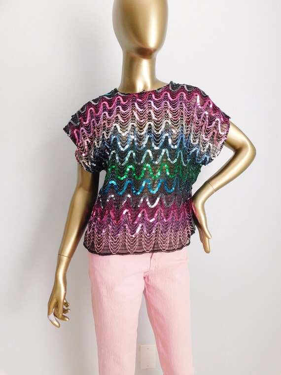 Vintage Rainbow Sequin Disco top / late 70s early 