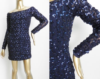 vintage midnight blue sequin mini dress \ sparkly party dress \ off shoulder glamour dress