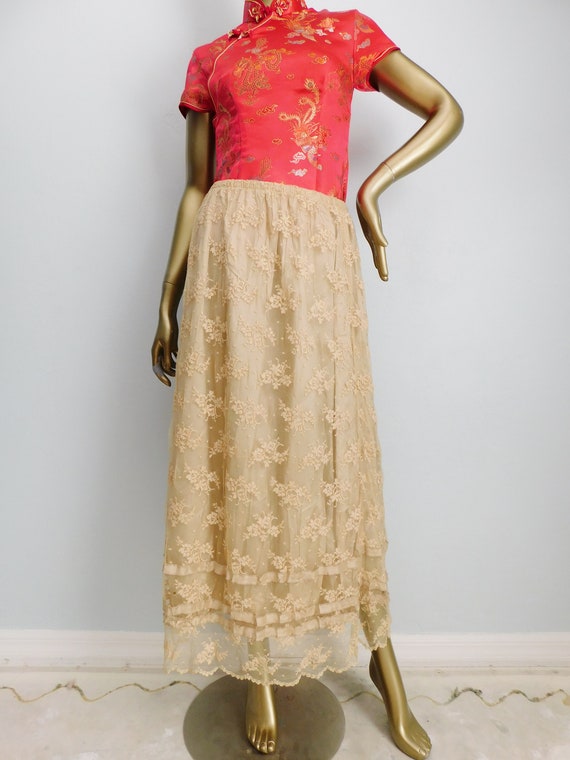 vintage beige layered lace skirt \ elastic waist m
