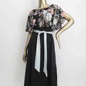 vintage black & floral sheath dress \ cape top \ pretty day dress