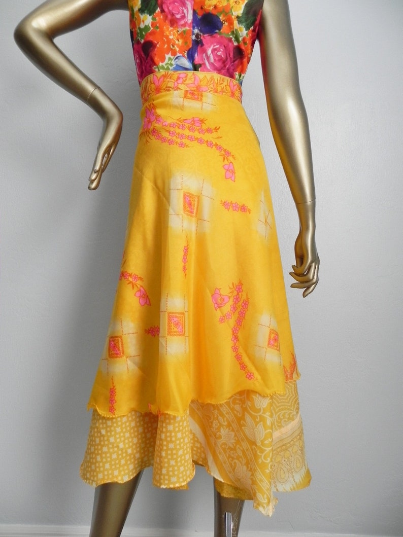 vintage bright yellow wrap skirt \\ long floral skirt \\ boho wrap around skirt