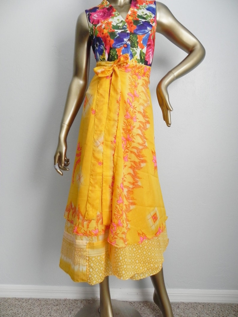 vintage bright yellow wrap skirt \\ long floral skirt \\ boho wrap around skirt
