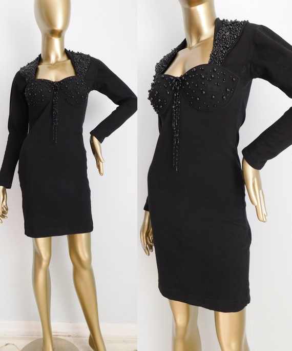 Vintage Black Beaded Mini Dress Pure Nineties Padded Bra Stretch Dress  Fitted Mini Dress -  Israel