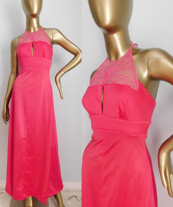 vintage fuchsia nightgown \ 70s halter gown \ pink