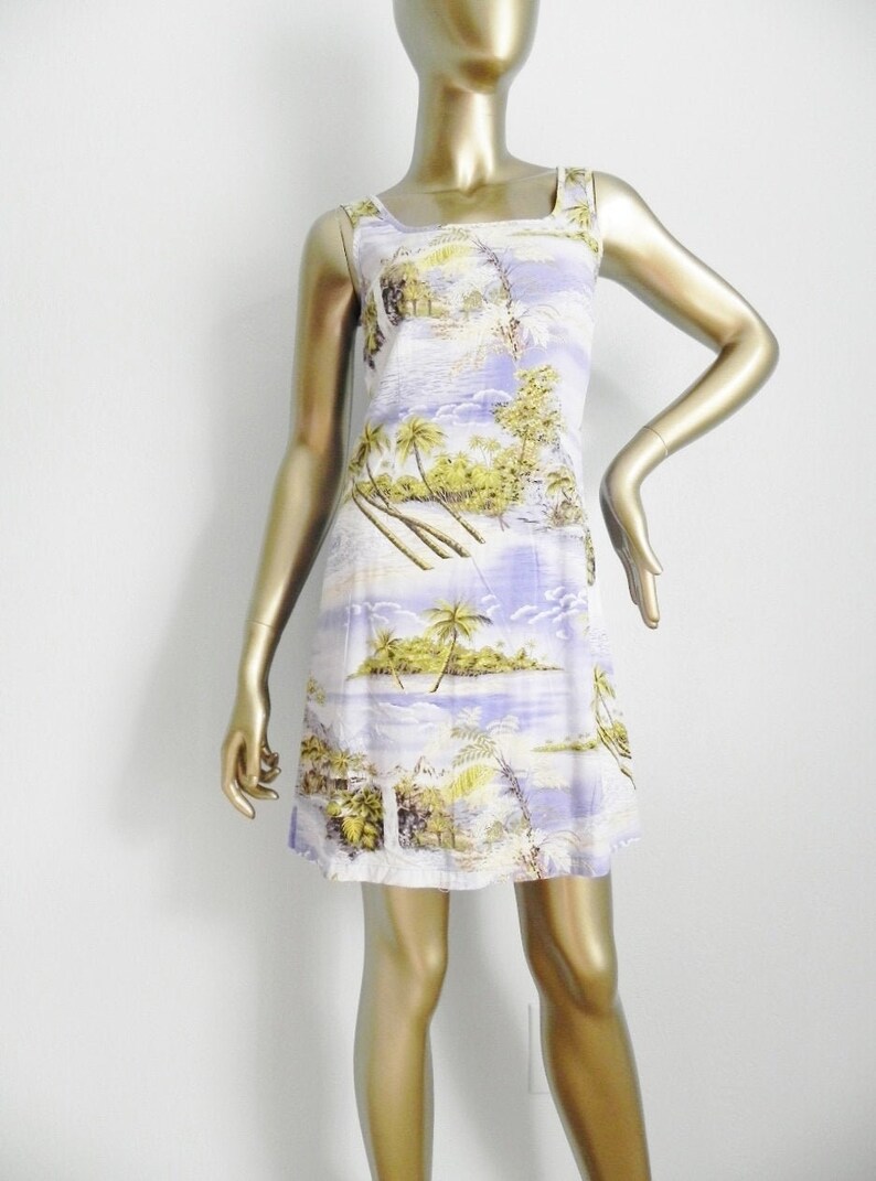 vintage Hawaiian print mini dress \\ beach dress \\ landscape print shift