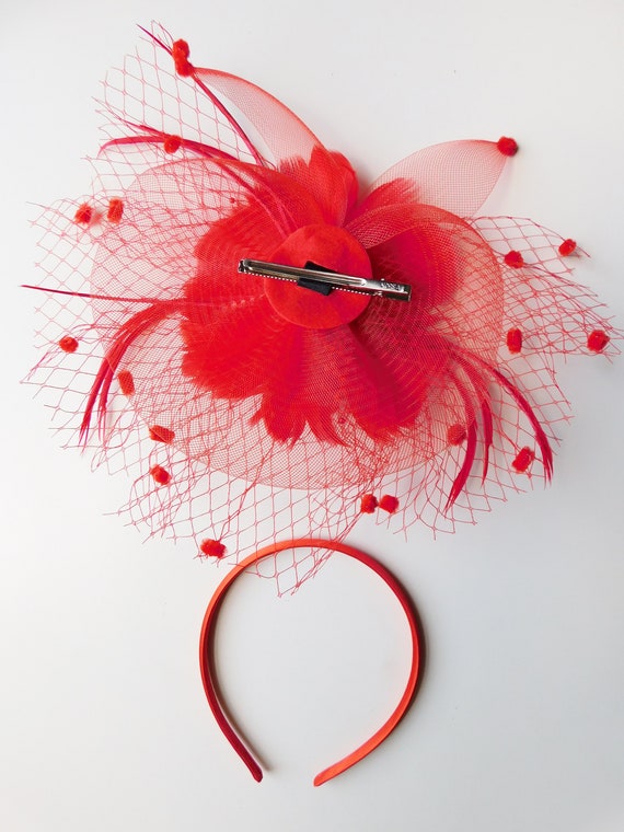 vintage red feather and tulle fascinator \ red he… - image 4