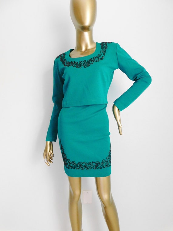 Vintage teal knit skirt set \ beaded top & skirt \