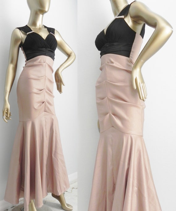 vintage mermaid gown \ black & tan formal dress \… - image 2