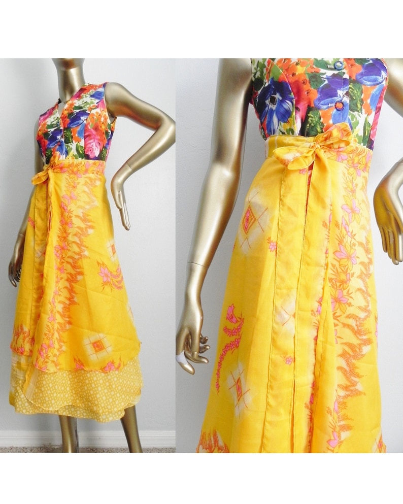 vintage bright yellow wrap skirt \\ long floral skirt \\ boho wrap around skirt