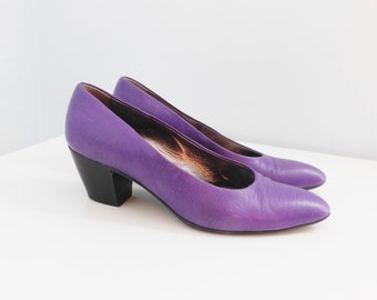 Vintage purple leather pumps \ sharp 80s style \ Walter Steiger Made in Italy