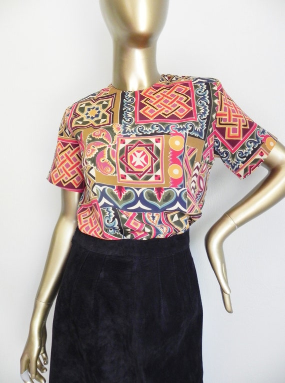 vintage geometric print blouse \ loose top \ boxy