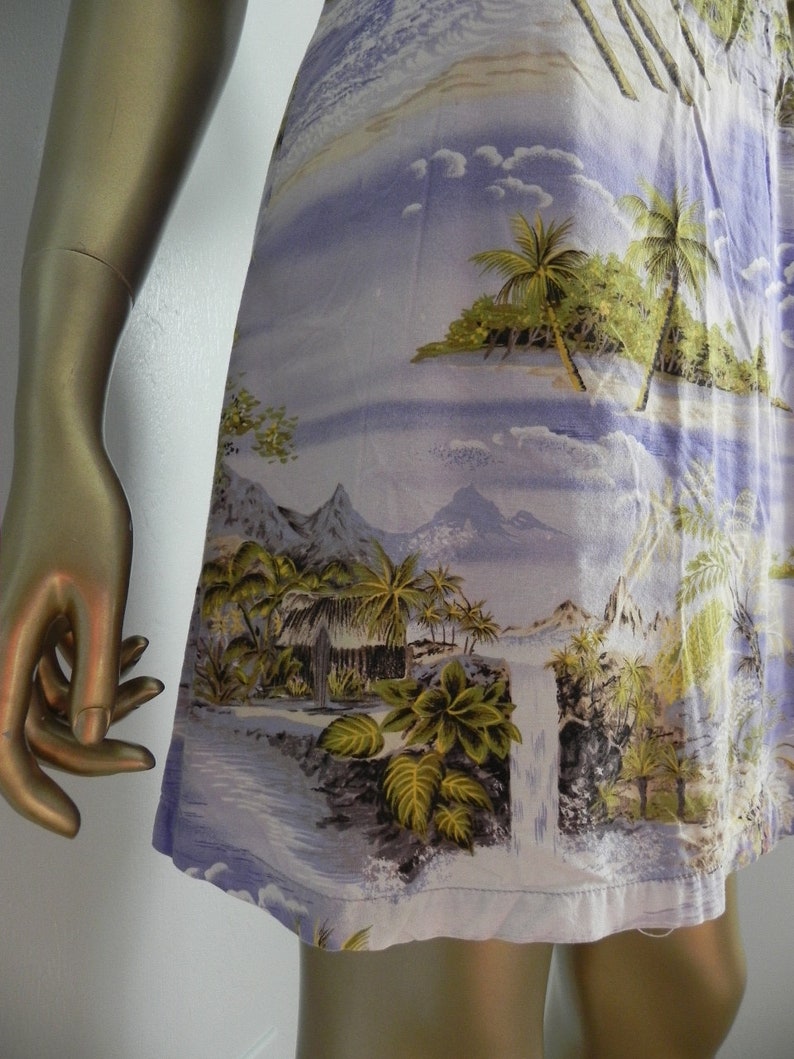vintage Hawaiian print mini dress \\ beach dress \\ landscape print shift