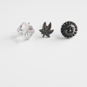 vintage silver earring stud trio \ crystal cube, pot leaf, smiling sun \ three 90&#39;s post earring set