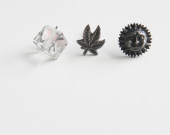 vintage silver earring stud trio \ crystal cube, pot leaf, smiling sun \ three 90's post earring set