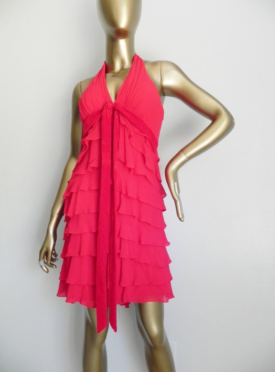 FINAL SALE Vintage Red Silk Halter Dress Red Mini Dress Ruffled