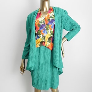 Vintage teal green crinkle dress and jacket set \ dress suit \ 80&#39;s dress set