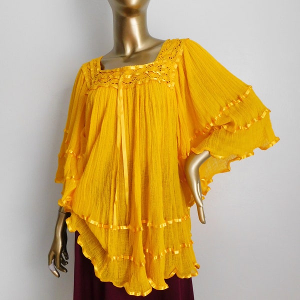 vintage yellow gauze tunic \ bright flowing top \ rayon gauze ribbon shirt