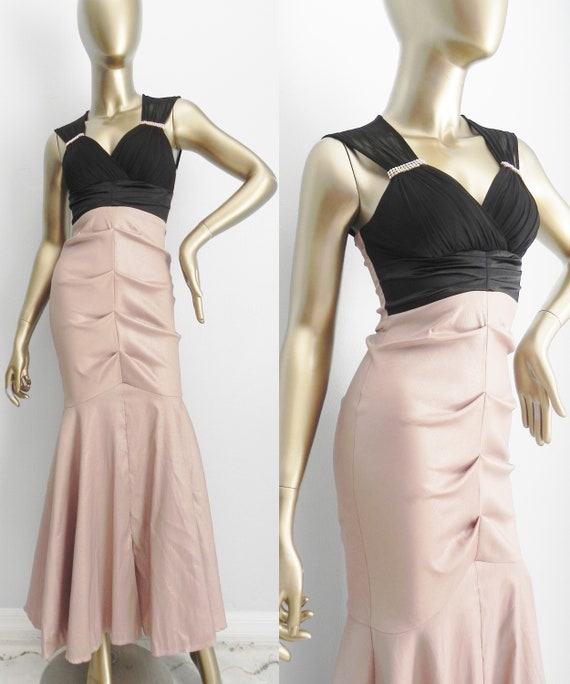 vintage mermaid gown \ black & tan formal dress \… - image 1