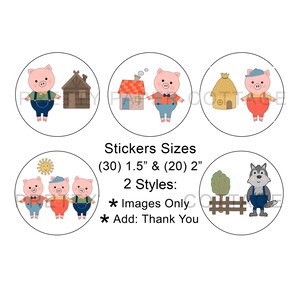 Three Little Pigs Stickers, Story Book Theme, Birthday Party, Baby Shower, Party Favor Stickers, (30) 1.5&quot; or (20) 2&quot;