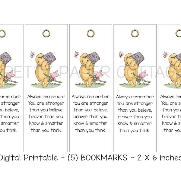 PRINTABLE, Winnie the Pooh, Braver Quote, Bookmarks, Student Gift, Baby Shower, Birthday, Party Favors, (5) 2x6", Digital Download, jpg, pdf