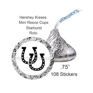 May include: 108 round stickers featuring two black horseshoe silhouettes on a white background. The stickers are 0.75 inches in diameter and are designed to fit Hershey's Kisses, Mini Reese's Cups, Starburst, and Rolos.