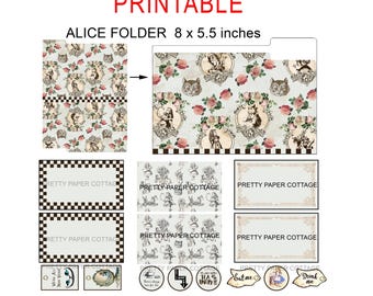 Alice in Wonderland Junk Journal Folder: Cards & Ephemera, 8x5.5", Digital