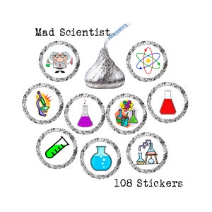 Mad Scientist, Science Theme, Hershey Kiss Stickers, Birthday Party, Favors, Small, Stickers, Envelope Seals, 108 Stickers