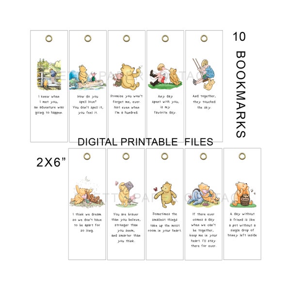 PRINTABLE BOOKMARKS, Winnie the Pooh Quotes, Baby Shower, Birthday, Party Favors, (10) 2x6 in., Digital Download, jpg, pdf