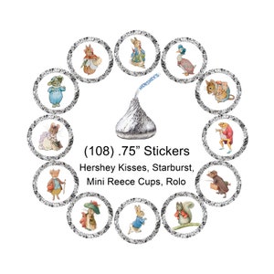 Beatrix Potter Character Stickers, Peter Rabbit, Baby Shower, Birthday, Hershey Kiss Favors, Sizes: (108) .75&quot;, (63) 1&quot;, (30) 1.5&quot; & (20) 2&quot;