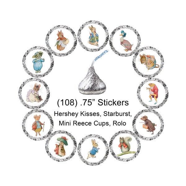 Beatrix Potter Character Stickers, Peter Rabbit, Storybook, Baby Shower, Birthday Party, Hershey Kiss, Favors, Small, 108 Stickers, NO TEXT