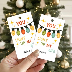 May include: Two white gift tags with the text "YOU LIGHT UP MY LIFE" and a string of colourful light bulbs. The tags have a hole at the top and space to write a name. The background is a Christmas tree.
