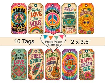 1960's Hippie Tags: Printable Party Favors, Crafts,  (10) 2 x 3.5"