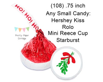 Mistletoe Kiss, Hershey Kiss Stickers, Mistletoe, Christmas Stickers, Candy Stickers, Party Favors, Envelope Seals, (108) .75" or (63) 1"