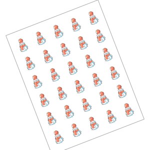 May include: A sheet of white paper with a repeating pattern of cartoon snowmen wearing red scarves. The snowmen are all facing the same direction and have black eyes and buttons.