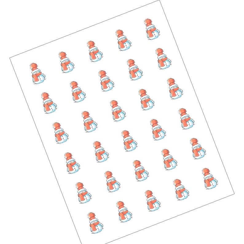May include: A sheet of white paper with a repeating pattern of cartoon snowmen wearing red scarves. The snowmen are all facing the same direction and have black eyes and buttons.